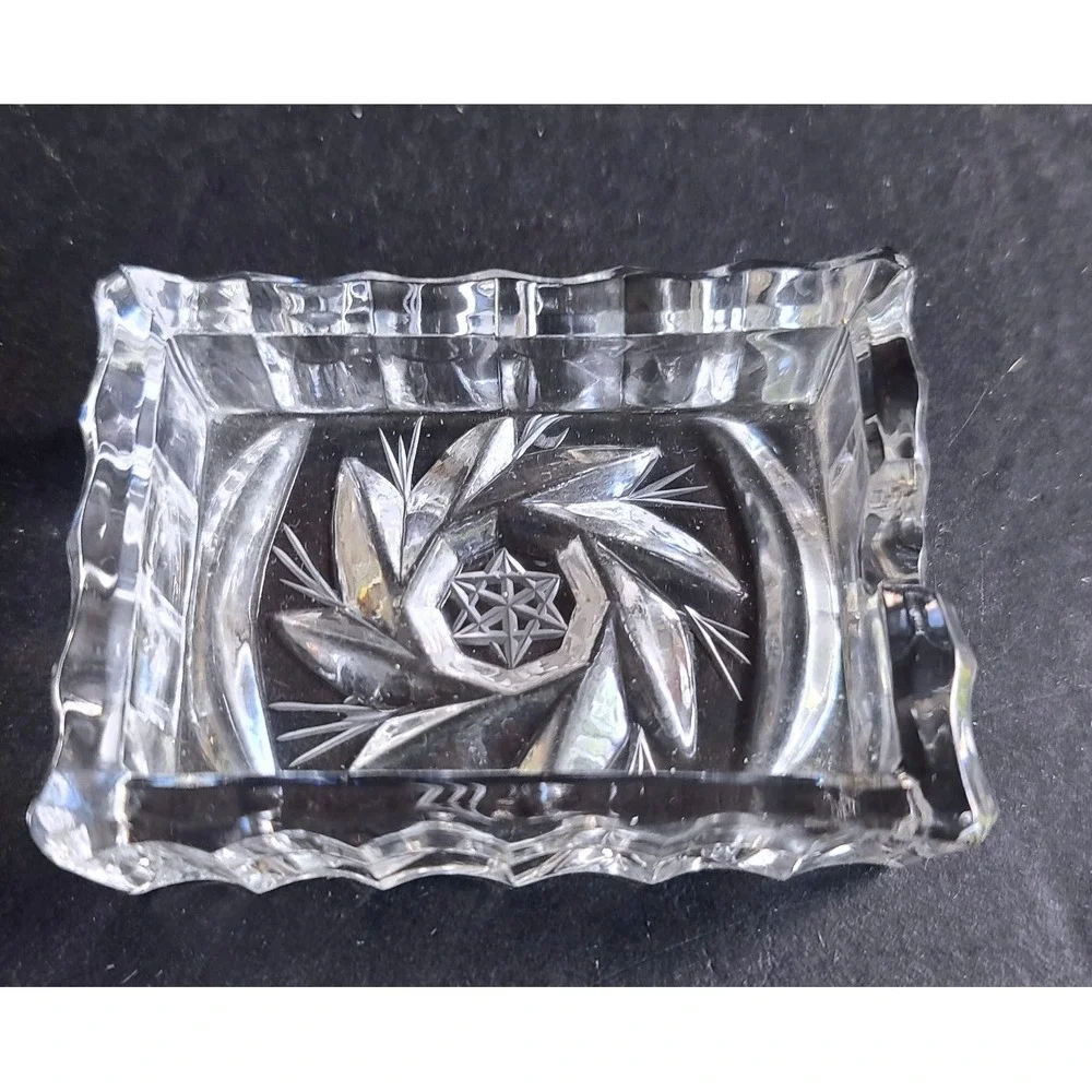 Mini Rectangular Ashtray Vintage Cut Crystal Trinket Dish Pinwheel Star Catchall